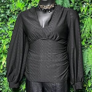 CHICME Top Size XL Black Ruched V Neck Long Balloon Sleeve Textured‎ 3409